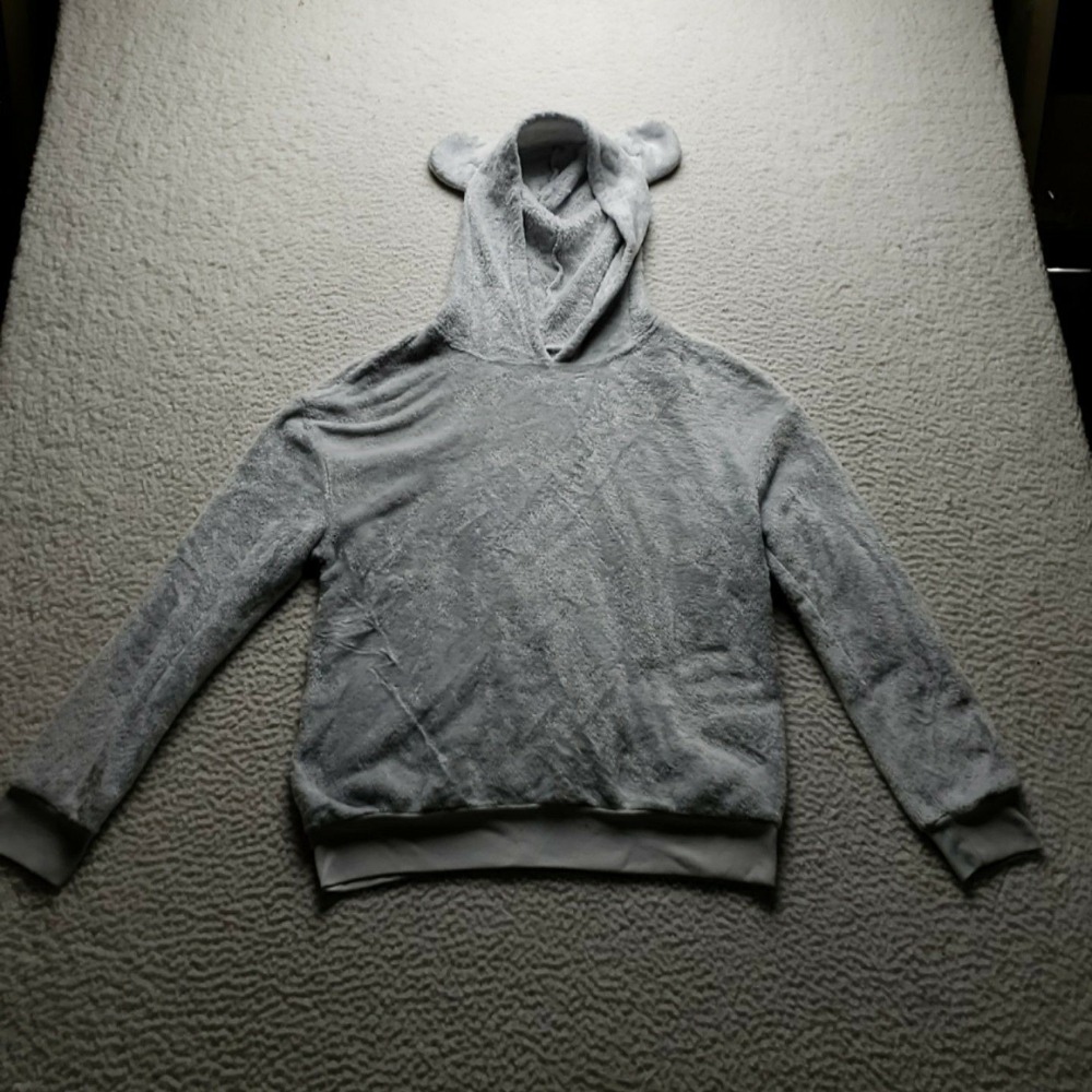 Cozy Hoodie Womens Large Gray Fuzzy Fleece Pullover Bear Ears Sleepwear Top